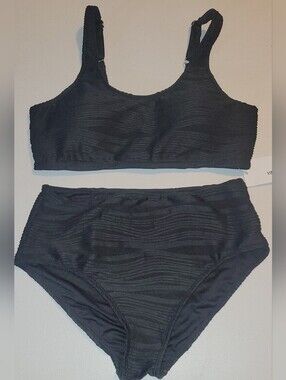 Vimpunec, Black Textured Ribbed Two-Piece Bikini Set, L